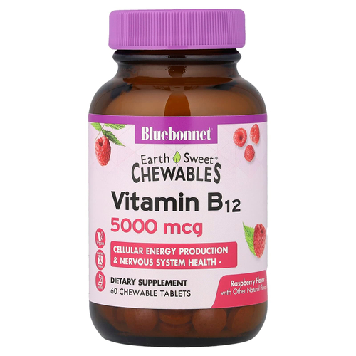 Bluebonnet Nutrition, Earth Sweet®, жевательные таблетки, витамин B12, малина, 5000 мкг, 60 жевательных таблеток