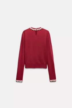 ZARA ОДНОТОННЫЙ СВИТЕР С БУСИНАМИ, ТЕМНО-РОЗОВЫЙ