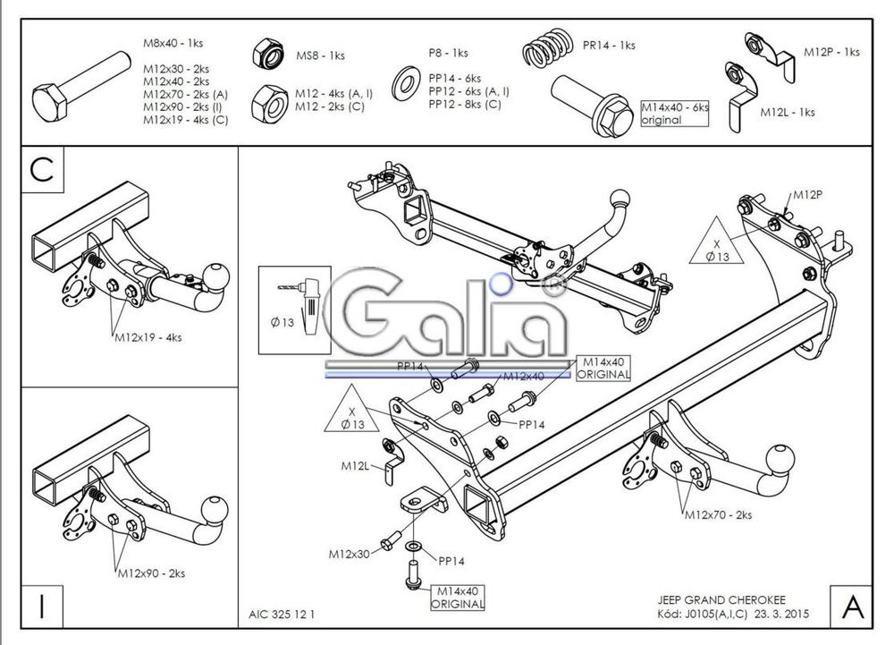 Фаркоп оцинкованный Galia J010C для Jeep Grand Cherokee 2010-(паспорт и сертификат в комплекте)(без электрики)