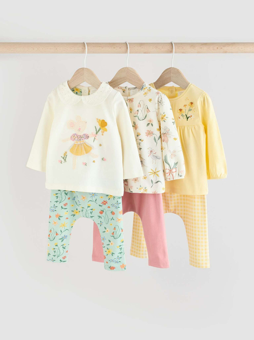 Лонгслив и легинсы в комплекте для малышей Next E67-029, 3 шт., Молочный, Розовый, Светло-желтый