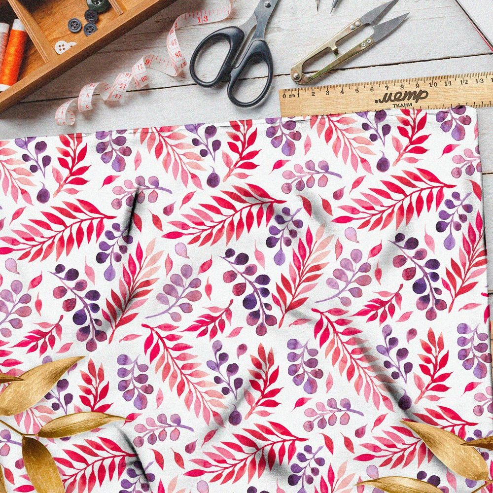 Ткань сатин розовые фиолетовые листья стемпинг