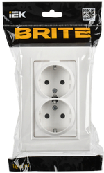 BRITE Розетка 2-местная с заземлением с защитными шторками плоская 16А в сборе РСшПл12-3-БрАБ арктический белый IEK