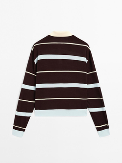 Massimo Dutti Свитер в полоску с воротником поло, шоколадный