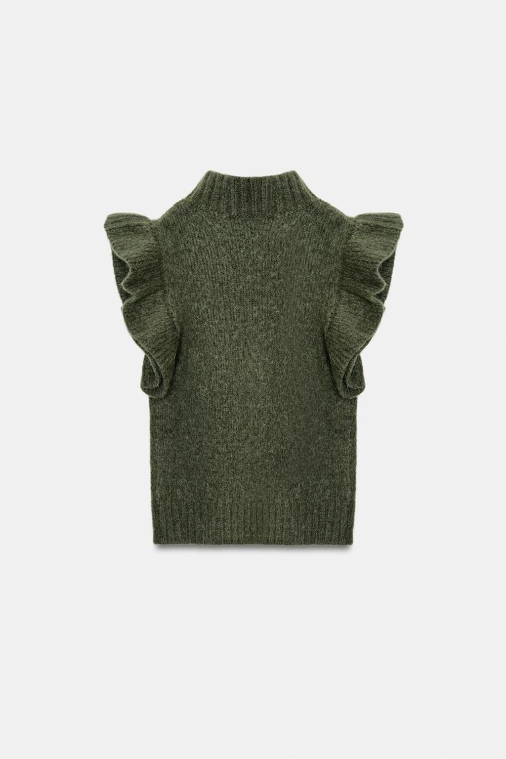 ZARA ЖИЛЕТ ИЗ ШЕРСТИ С ВОЛАНАМИ, ЗЕЛЕНЫЙ