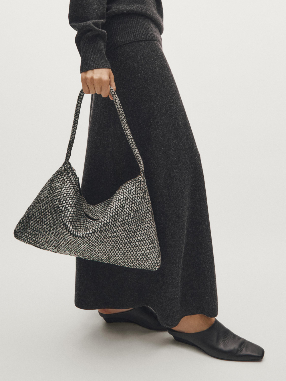 Massimo Dutti Большая плетеная сумка из кожи наппа, серый