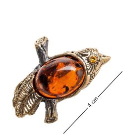 AM- 893 Брошь «Воробушек» (латунь, янтарь)
