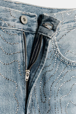 ZARA ДЖИНСЫ TRF ПРЯМОГО КРОЯ С ВЫСОКОЙ ПОСАДКОЙ И СТРАЗАМИ, СИНИЙ