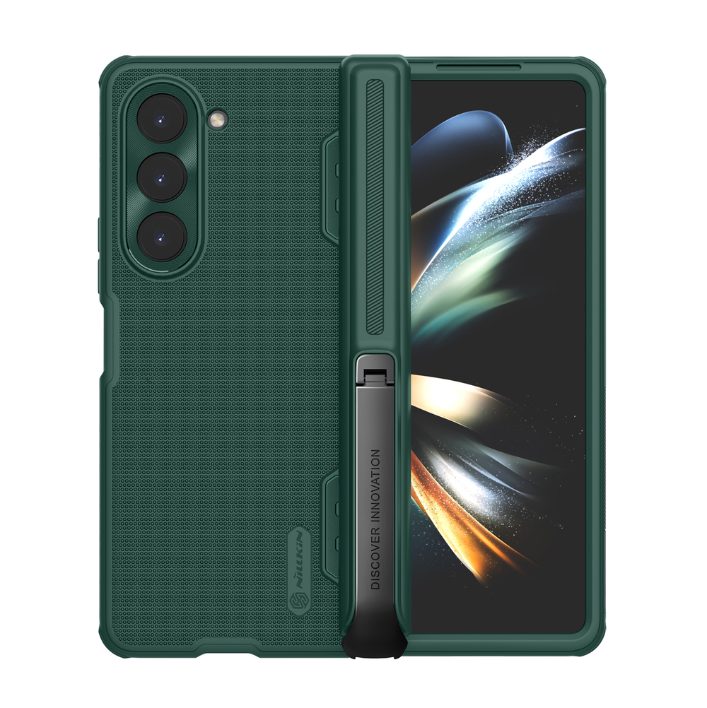 Чехол зеленого цвета (Deep Green) на Samsung Galaxy Z Fold 5 от Nillkin, серия Super Frosted Shield Fold-Bracket Version, версия со съемной подставкой