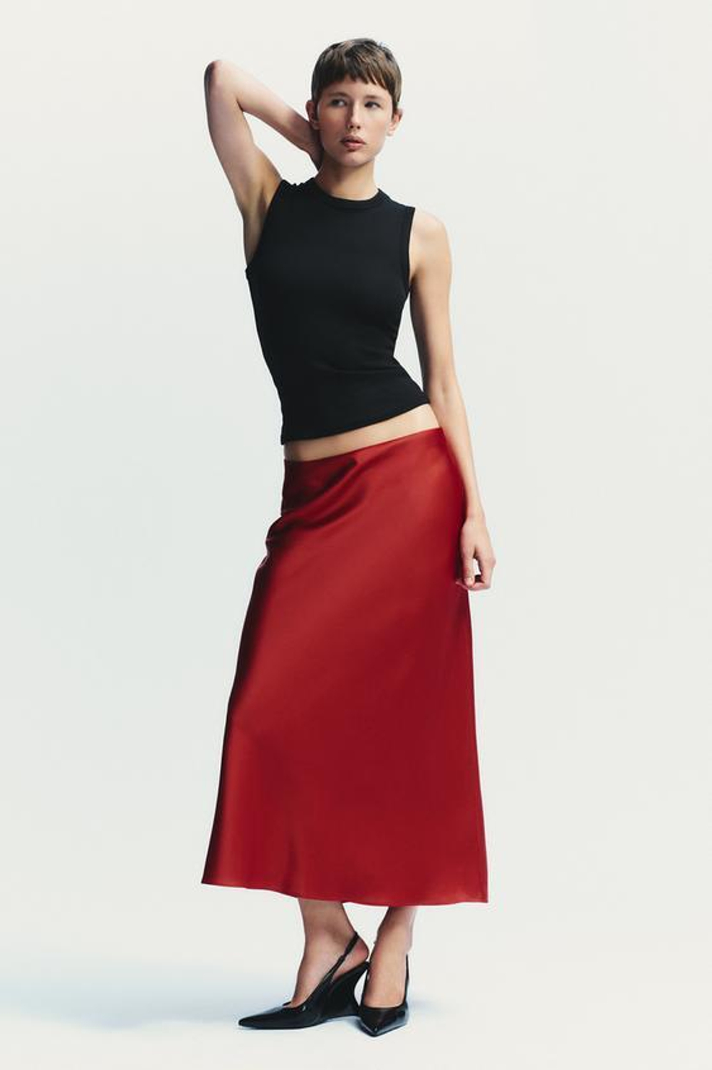 ZARA АТЛАСНАЯ ЮБКА МИДИ, КРАСНЫЙ