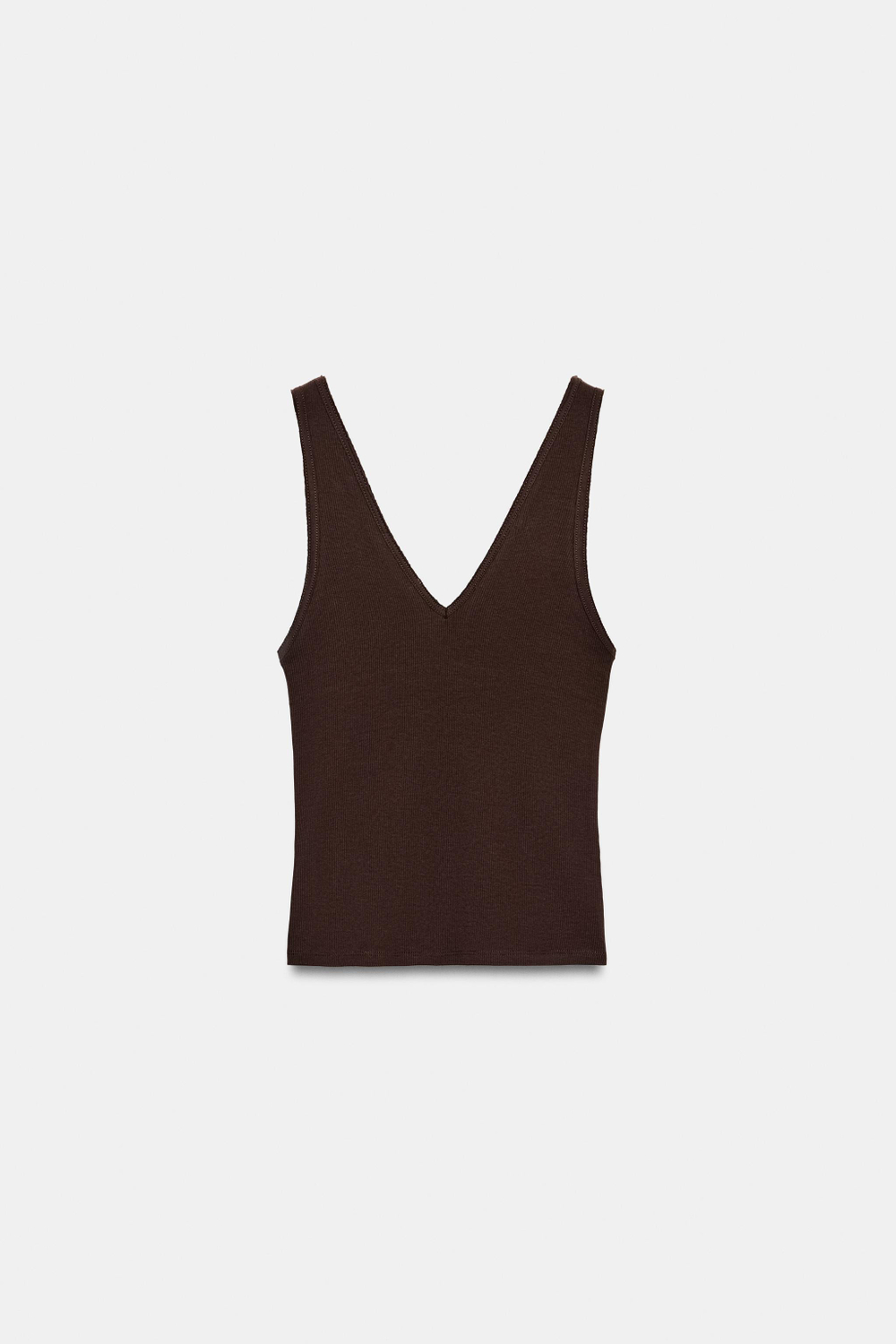 ZARA ТОП В РУБЧИК С V-ОБРАЗНЫМ ВЫРЕЗОМ, КОРИЧНЕВЫЙ