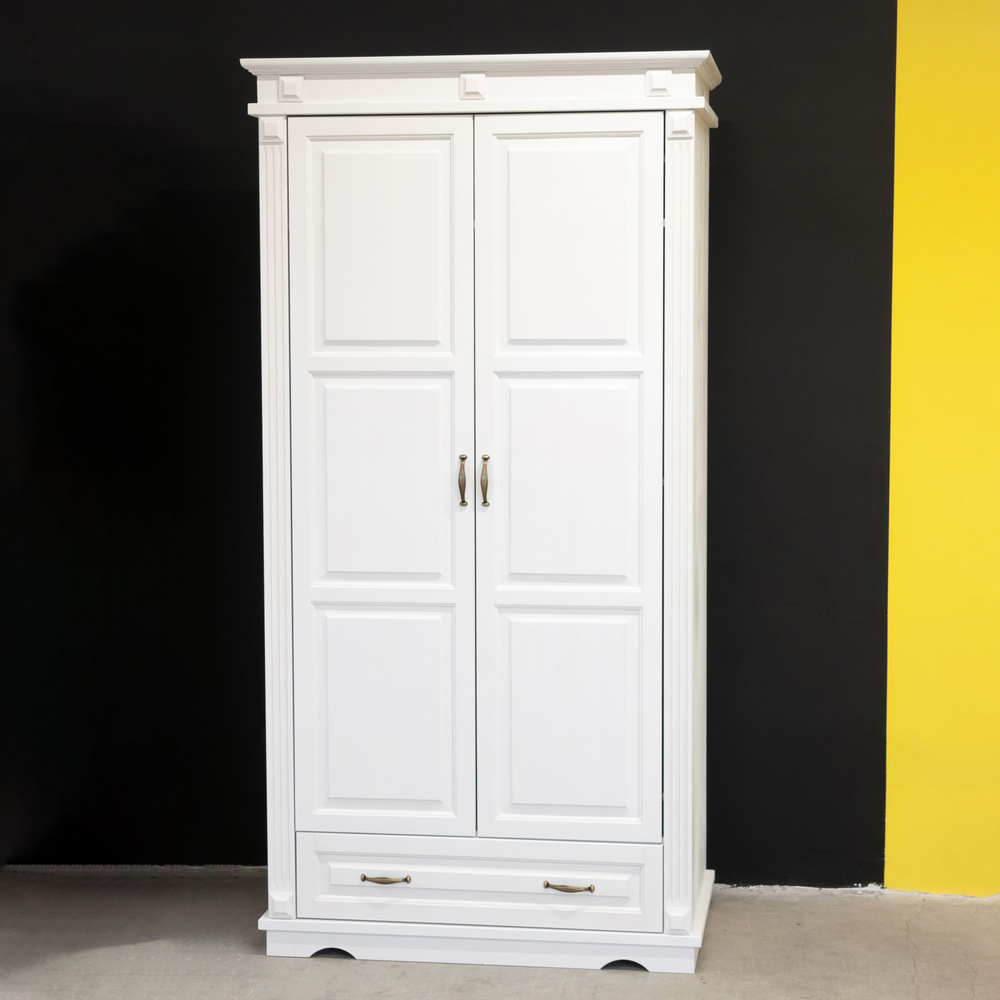 Шкаф для одежды 98х57х193, Харви, распашной двухдверный, с ящиком для вещей, со штангой и полками, в прихожую и спальню с филенкой в викторианском стиле из массива сосны, белый, Dipriz