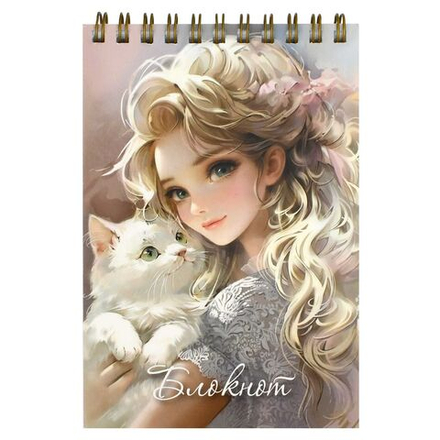 Блокнот А6 80л гребень "Блондинка с котом" кл., УФ-лак