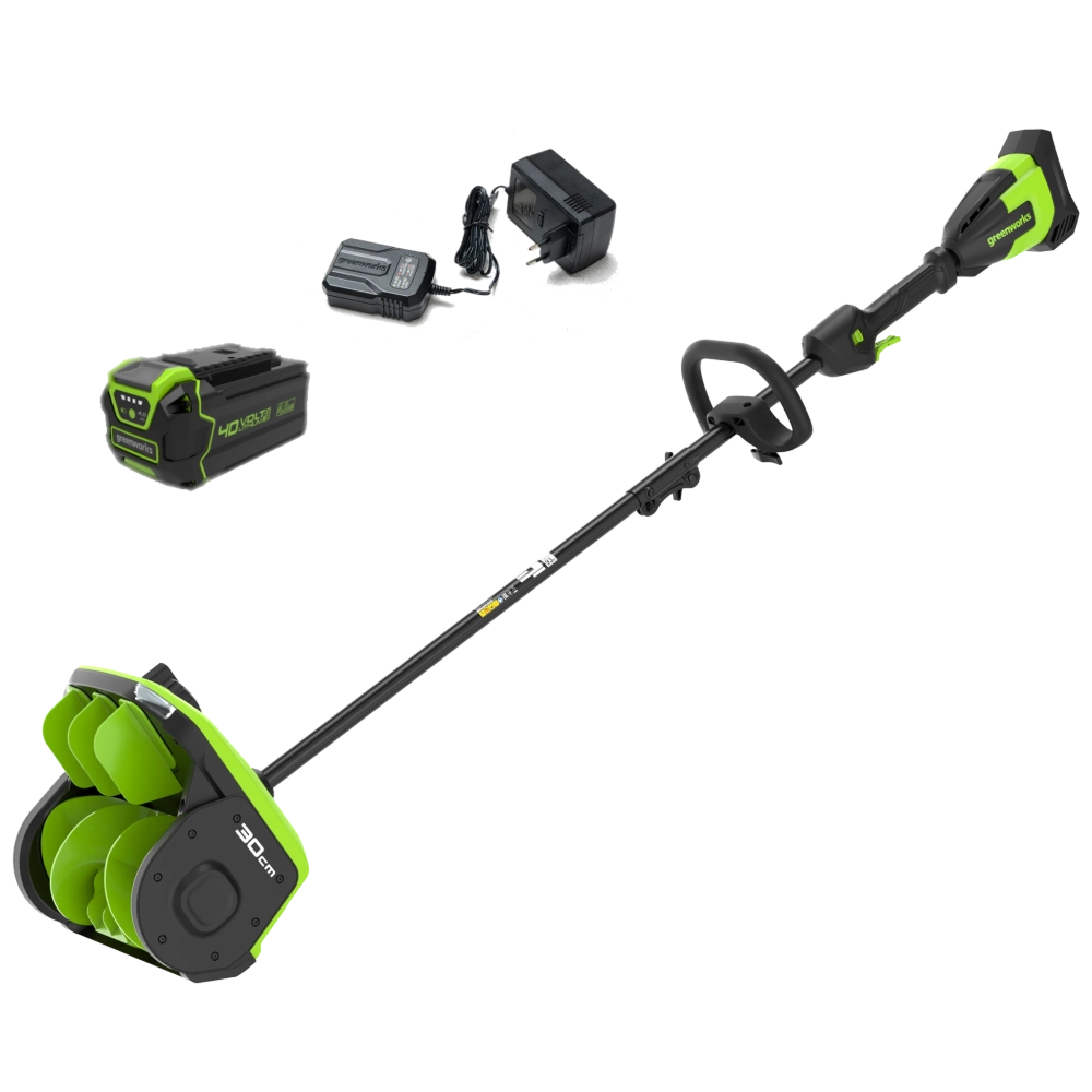 Greenworks GD40SS2 40В аккумуляторная снегоуборочная лопата (1 x 4 Ач, ЗУ) ковш 30 см, выброс 7.6 м 2603107UB