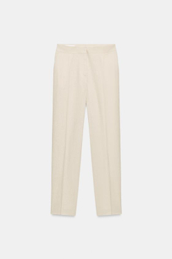 ZARA ЗАУЖЕННЫЕ БРЮКИ ИЗ СМЕСОВОГО ЛЬНА, СВЕТЛО-БЕЖЕВЫЙ