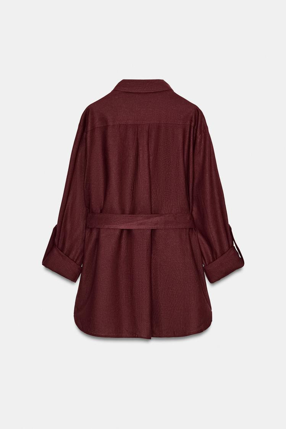ZARA КУРТКА-САФАРИ ИЗ ЛЬНА С РЕМНЕМ, БУРГУНДИ