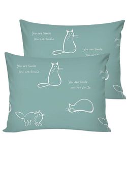 Постельное белье перкаль Сказка "Котики (мята)" евро Наволочка 50х70 см 2 шт Простынь на резинке 180x200 см Пододеяльник 200x215 см