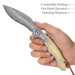 Складной туристический нож TRIVISA Lepus-02 клинок 67 Layers Damascus рукоять кость и сталь (белый)