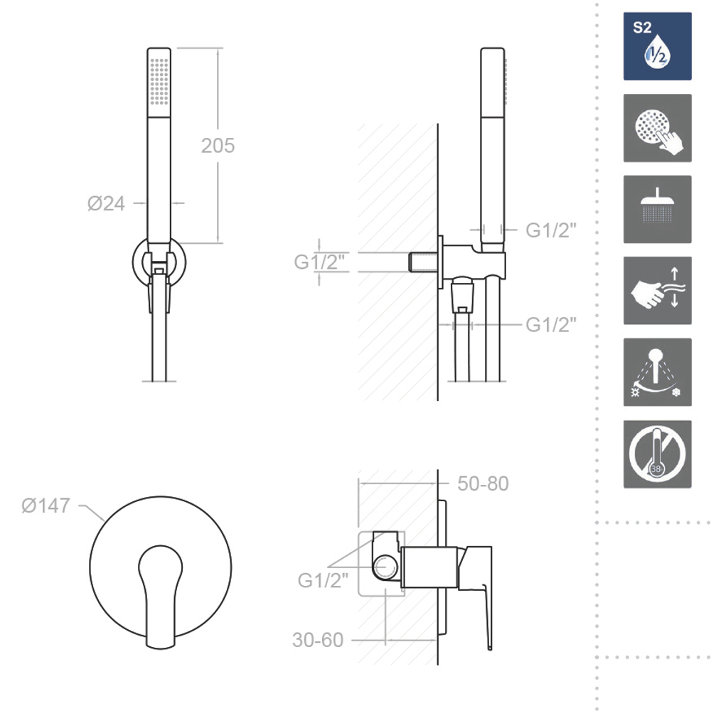 Встраиваемый смеситель для душа с ручным душем K1818011