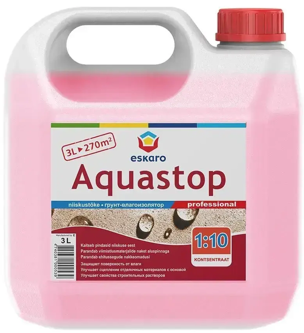 Грунтовка влагоизолирующая 3 л Aquastop Professional Eskaro концентрат 1:10 / улучшает свойства сухих смесей и увеличивает прочность, устойчивость к истиранию, влагостойкость основания / щёлочестойкий