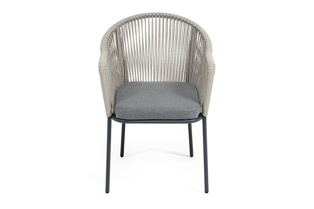 "Лион" стул плетеный из роупа, каркас из стали темно-серый (RAL7024) муар, роуп серый меланж круглый, ткань серая 017