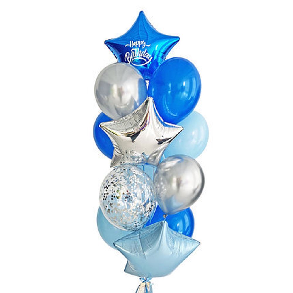 Связка воздушных шаров с голубыми звездами