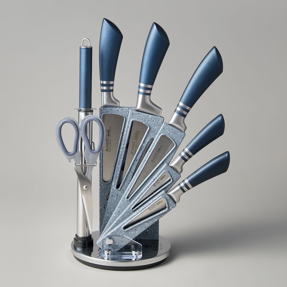 НАБОР НОЖЕЙ AGNESS С НОЖНИЦАМИ И МУСАТОМ НА ПЛАСТИКОВОЙ ПОДСТАВКЕ, 8 ПРЕДМЕТОВ (КОР=6НАБОР.)
