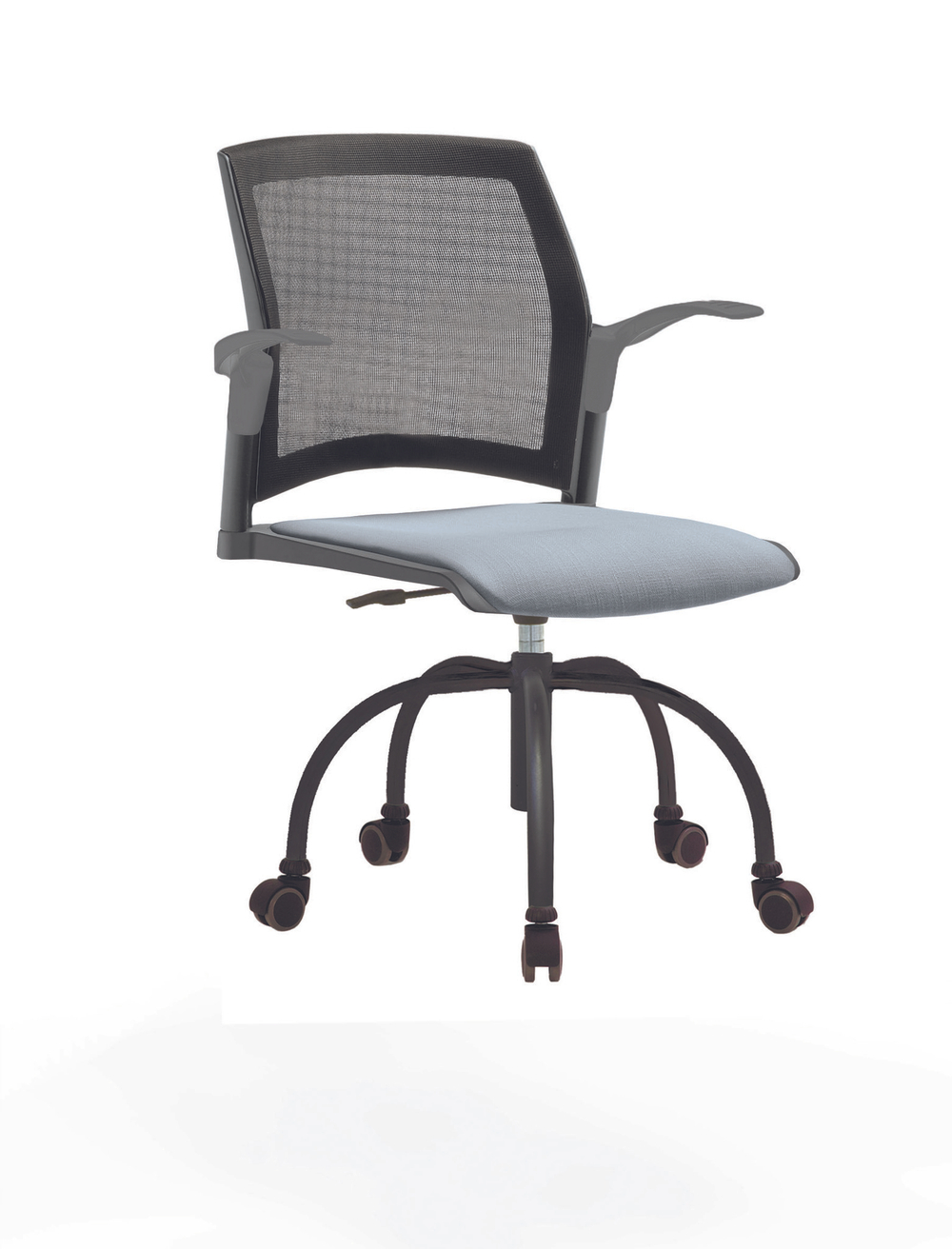 Кресло Rewind каркас черный, пластик серый, база паук краска черная, с открытыми подлокотниками, сиденье серо-голубое, спинка-сетка