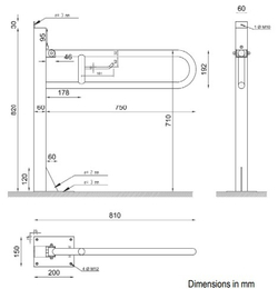 Поручень для людей с ограниченными возможностями Nofer с креплением к полу, 810мм матовая нержавеющая сталь схема