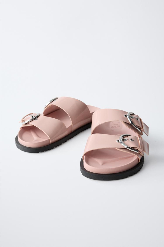 ZARA ЛАКИРОВАННЫЕ САНДАЛИИ ИЗ ИСКУССТВЕННОЙ КОЖИ С ПРЯЖКАМИ, РОЗОВЫЙ