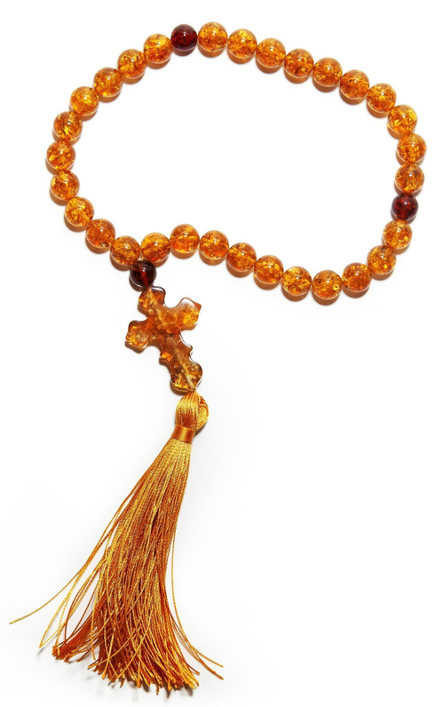 Четки из янтаря христианские натуральные, 30 бусин по 10 мм и 3 разделителя. Четки мужские с крестом ручной работы