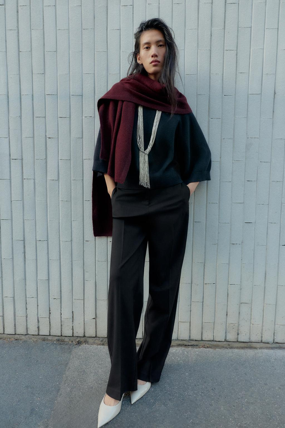 ZARA ТОНКИЙ ВЯЗАНЫЙ ШАРФ, БУРГУНДИ