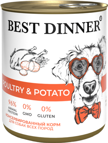 Консервы Best Dinner для щенков и взрослых собак Птица с картофелем 6х850г