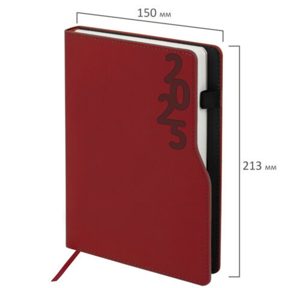 Ежедневник датированный 2025, А5, 150x213 мм, BRAUBERG "Up", под кожу, софт-тач, держатель для ручки, красный, 115844
