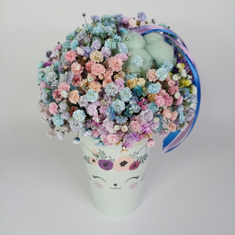 Стаканчик с гипсофилой и хлопком Синий кот