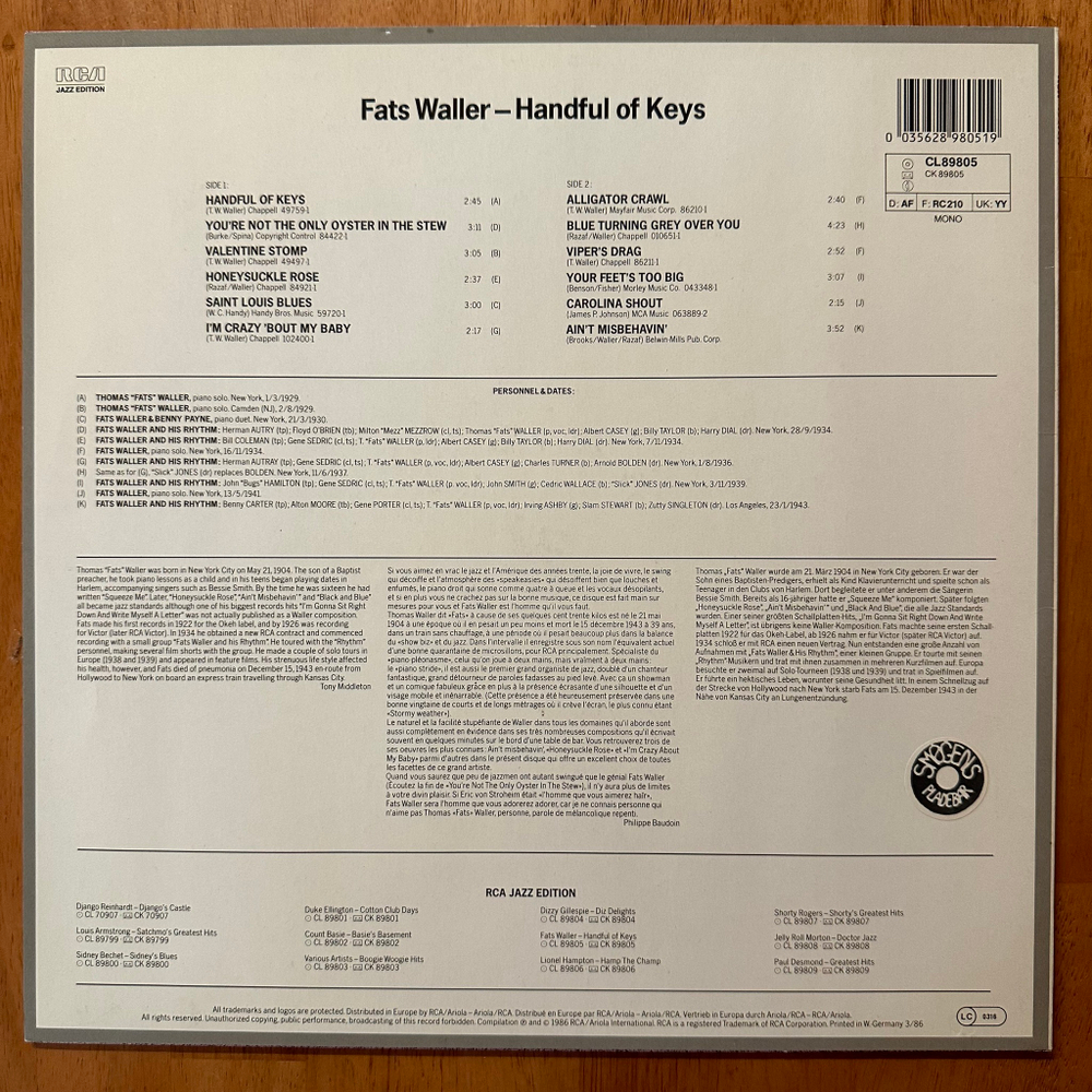 Fats Waller ‎– Handful Of Keys (Германия 1986г.)