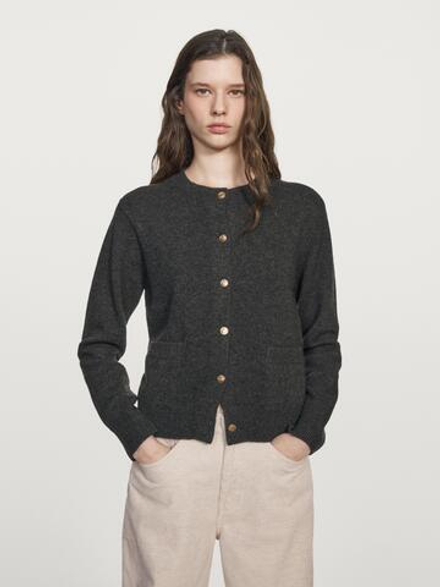 Massimo Dutti Кардиган из трикотажа с золотистыми пуговицами, антрацитово-серый