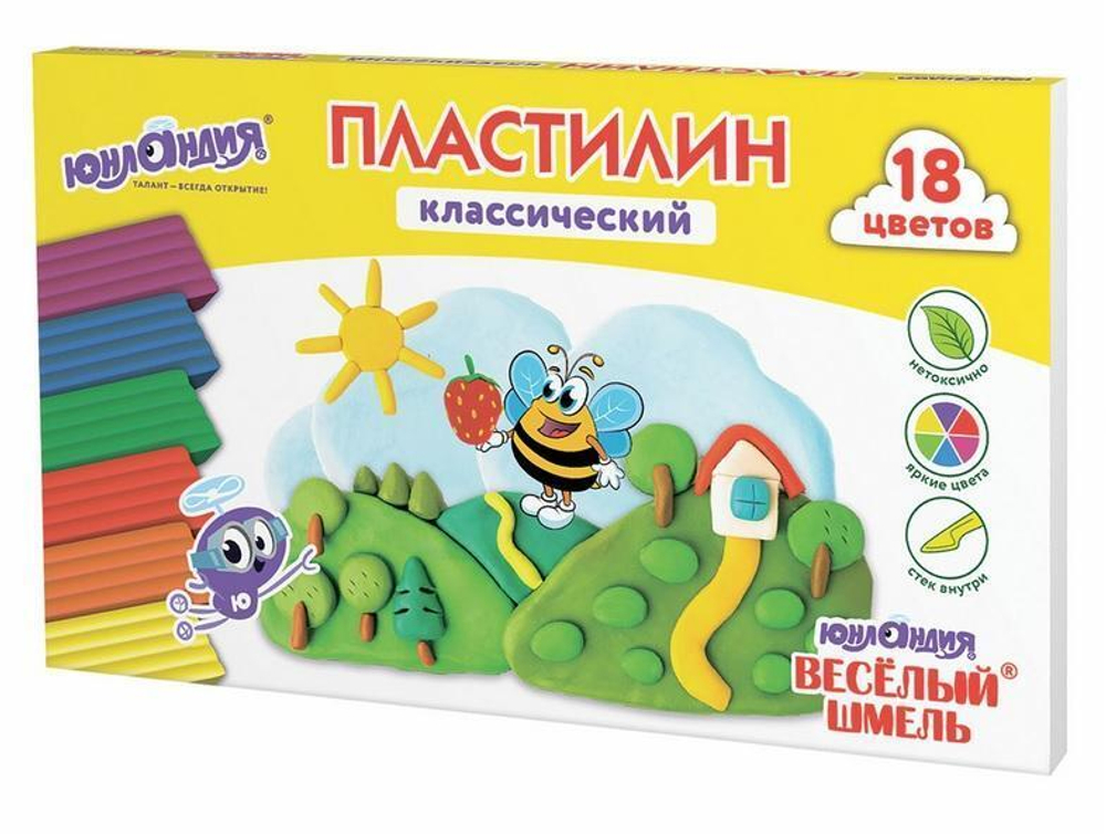 Пластилин классический 18 цветов 360г,со стеком "Весёлый шмель" (ЮНЛАНДИЯ)
