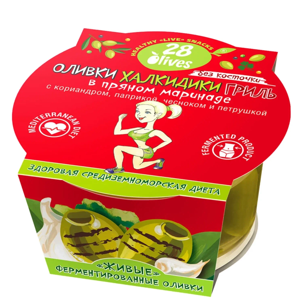 Оливки Халкидики ГРИЛЬ без косточки в пряном маринаде с кориандром и паприкой 28Olives, 150 г, упаковка спереди