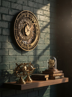 Настенные часы WOODandROOT Automaton Prague на зеленой кирпичной стене с книгами и армиллярной сферой, солнечный свет в окне