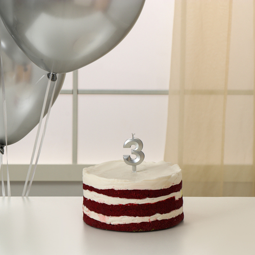 Свеча для торта цифра серебряная 3 + воздушные шары, 5шт