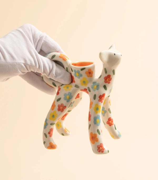 Подсвечник - Котик белый в разноцветный цветочек | laski_v_glazki