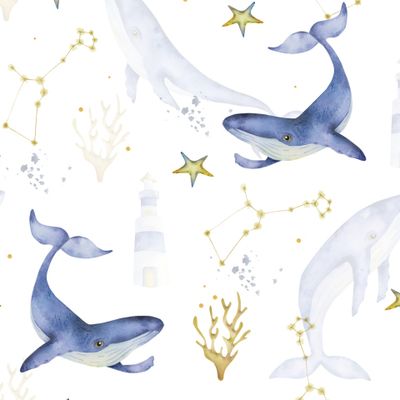Акварельные киты, созвездия и подводный мир