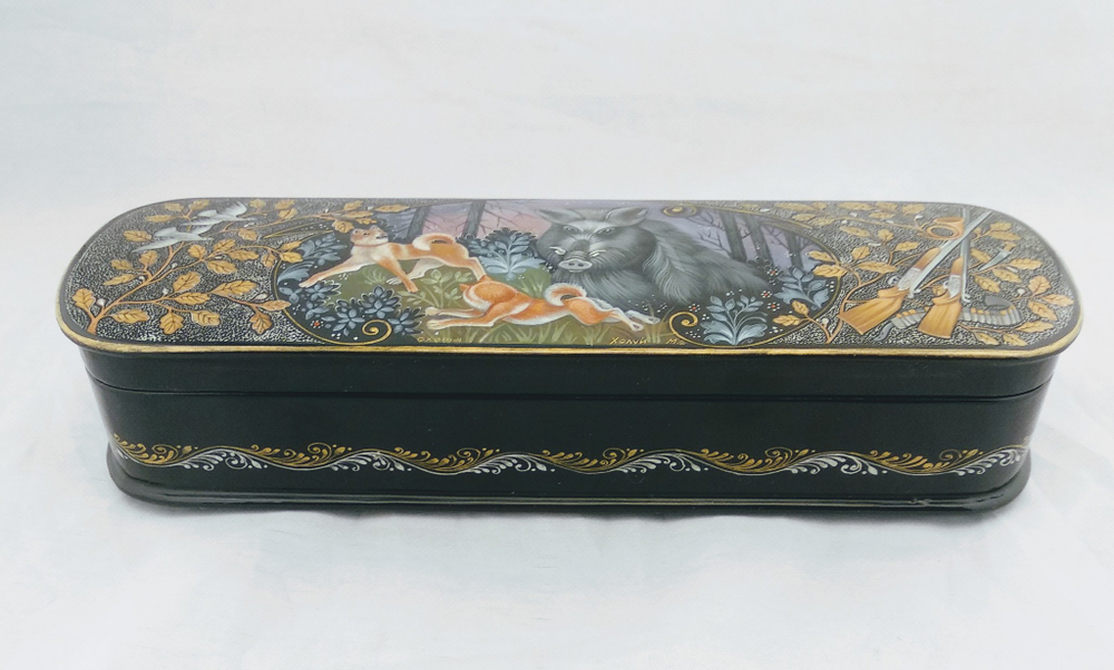 Шкатулка Палех  под ручку "Охота на кабана" 20×6см