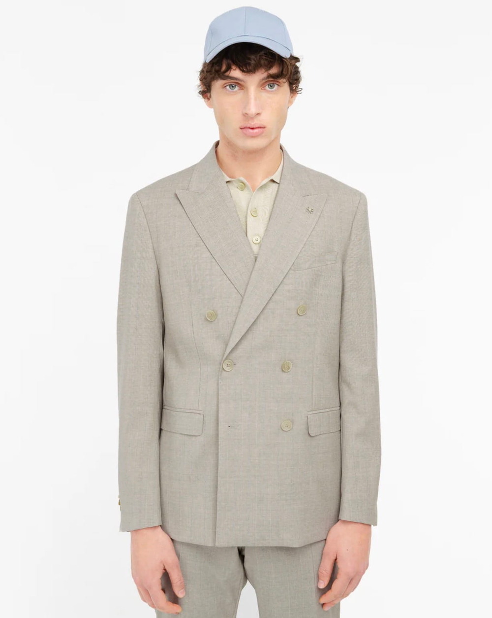 Мужской двубортный костюм (серо-бежевый) Б77