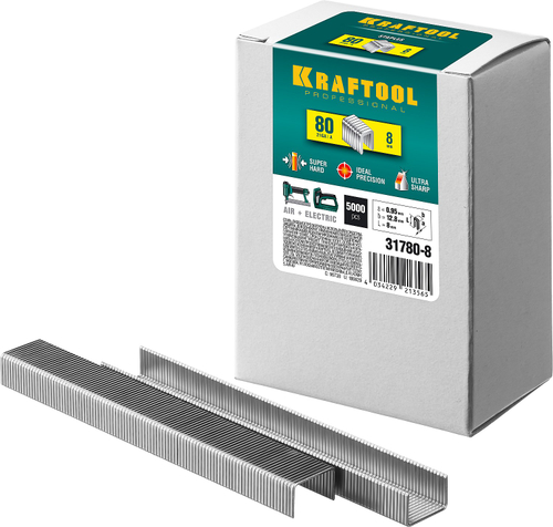 KRAFTOOL скобы тип 80 (BeA/Prebena A/Senco AT), 8 мм, калибр 21GA. 5000 шт (31780-8)