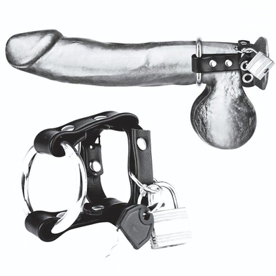 Металлическое кольцо на пенис на ремешке с замочком (Цвет: черный с серебристым)