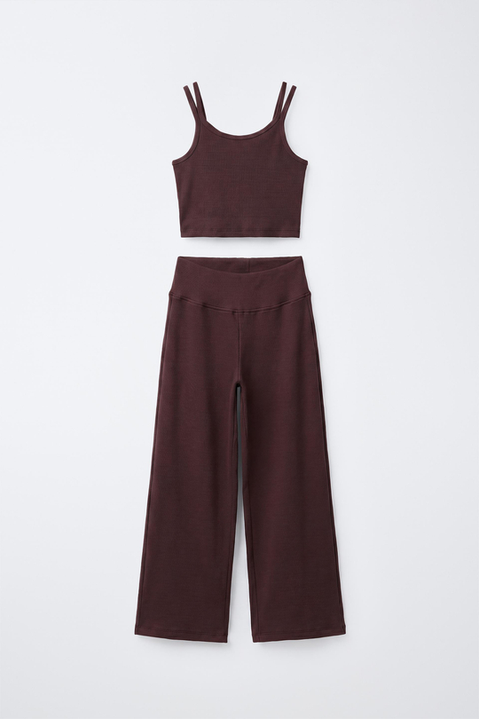 ZARA КОМПЛЕКТ В РУБЧИК ИЗ ТОПА И ПРЯМЫХ БРЮК, КОРИЧНЕВЫЙ