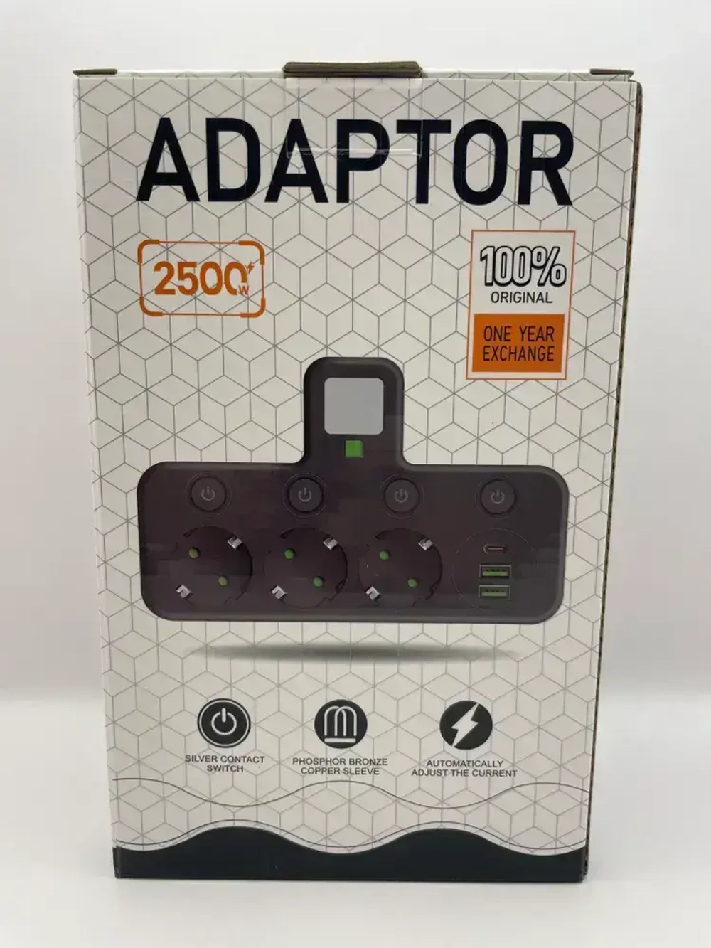 Разветвитель 3 розетки черный, 2 USB, 1 Type-c