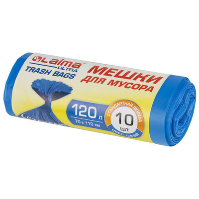 Мешки для мусора LAIMA «ULTRA» 120 л синие, рулон 10 шт. особо прочные, ПНД 23 мкм, 70×110 см, 2 упаковки.