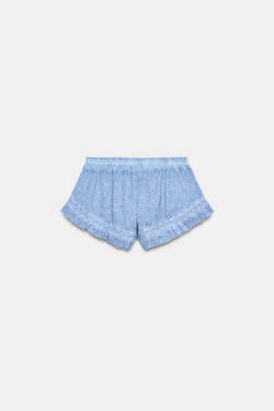 ZARA ШОРТЫ С ЭФФЕКТОМ ПОТЕРТОСТИ И ПЕРФОРИРОВАННОЙ ВЫШИВКОЙ, СИНИЙ